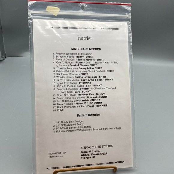 UNCUT Vintage Quilt Sewing Patterns, Harriet Bunny KS175 by Keeping You - Picture 3 of 3